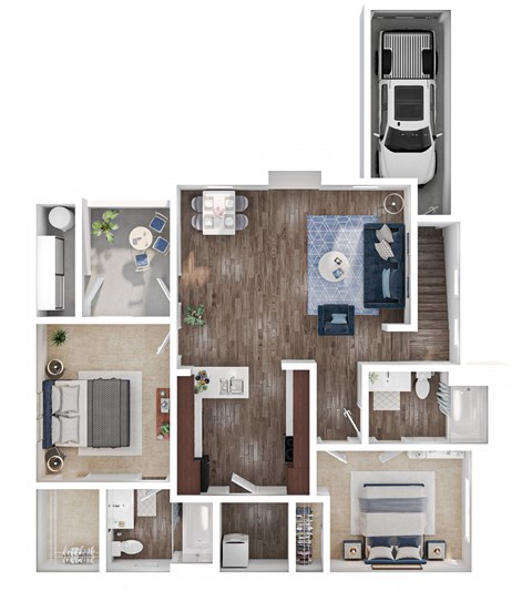 Floor plan for 2 beds, 2 baths, 955 sqft